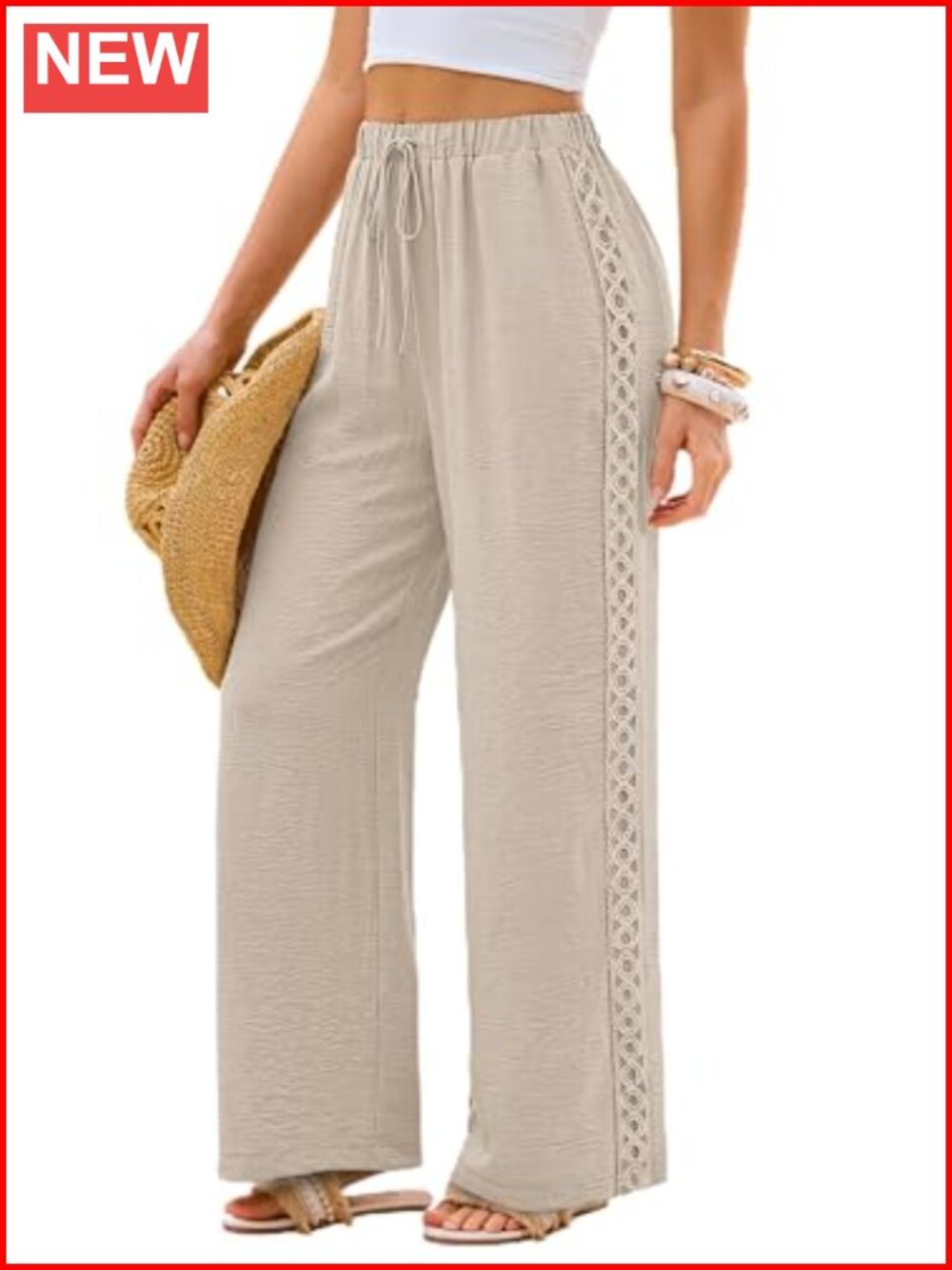 Wide Leg Palazzo Pants Lace Trim Elastic Waist Pockets